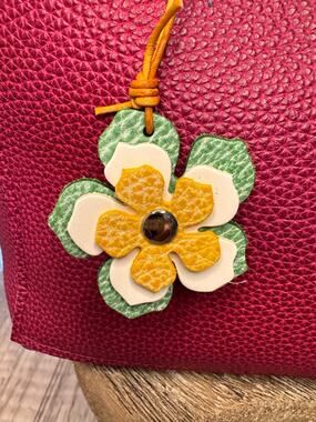 Leather Flower Bag Charm Yellow White Green Flower Purse Charm Genuine Leather